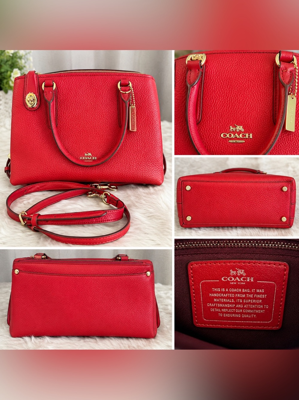 COACH Red Pebbled Leather Dome Satchel with Gold Hardware